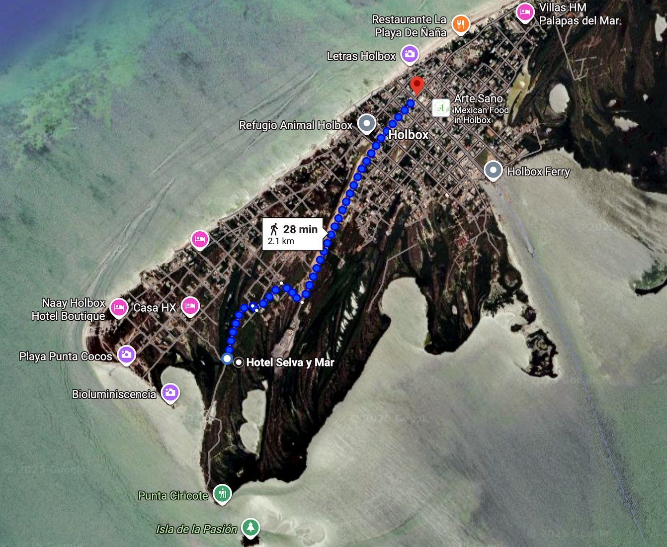 Mapa de ubicación a pie desde Selva y Mar al centro